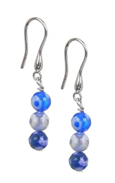 Achat Schlangenachat blau weiß Kugel Edelstein Ohrringe Ohrhänger 925 Echtsilber