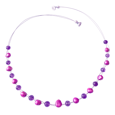Amethyst Edelstein Kette 2-reihig mit Süßwasser-Zuchtperlen flieder 57 cm