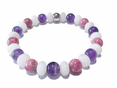 Amethyst violett Bergkristall weiß Rhodonit rosa Edelstein Stretch Armband Längenwahl