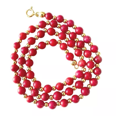 Bambuskoralle rot mit vergoldeten Echtsilber Kugeln Halskette Collier 50 cm