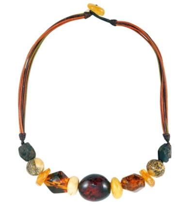 Bernstein Halskette Collier Unikat Kette 55 cm auf Leder metallfrei