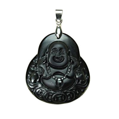Obsidian schwarz Buddha lachend Edelstein Ketten Anhänger Cabochon