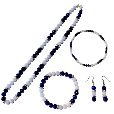 Chalcedon Lapislazuli blau Edelstein Designer Schmuck Set Kette Armband  Ohrringe Fußkettchen