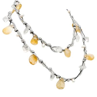 Bergkristall weiß Citrin gelb Perle Edelstein Halskette Mehrstein