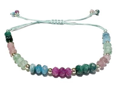 Edelsteinmix Armband facettierte Rondelle grün rosa blau flexibel Band geknüpft