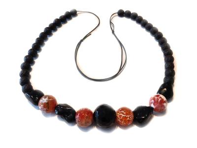 Edelstein Lederkette Halskette Feuerachat Onyx Tektit Lava schwarz rot größenverstellbar metallfrei