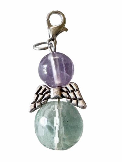 Fluorit grün Amethyst lila Schutzengelchen Engel Charm Anhänger silber Karabinerhaken