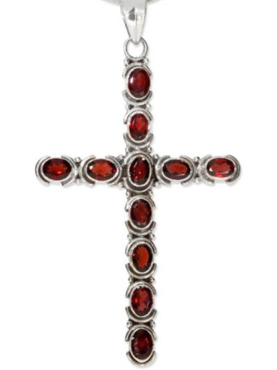 Granat rot Hildegard Kreuz Edelstein Anhänger Echtsilberfassung 7 cm groß