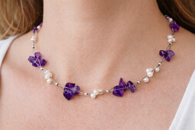 Amethyst violett Süßwasserperle weiß Mehrstrang Edelsteinkette Schmuckdraht
