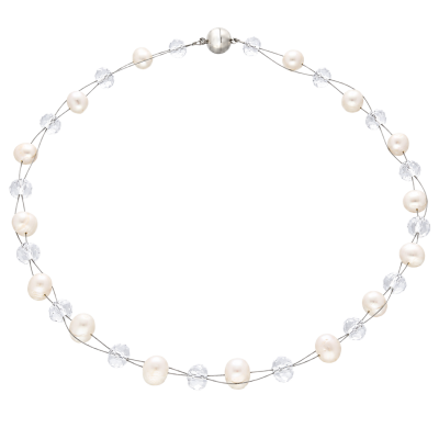 Perlen weiß Süßwasserperlen Bergkristall facettiert Mehrstrang Collier Halskette 46 cm