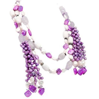 Süßwasserperlen weiß flieder lila Amethyst Kette Perlenkette Halskette Mehrstrangkette offen 155 cm