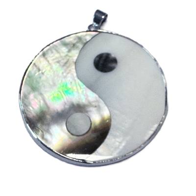 Perlmutt Yin Yang Anhänger groß versilbert rund 5 cm