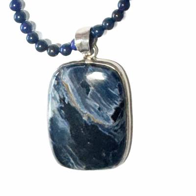 Pietersit Edelstein Kettenanhänger mit Lapislazuli Kette blau 60 cm und Silberelementen Namibia