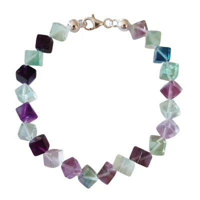 Fluorit Regenbogenfluorit Edelstein Würfel Stretch Armband Echtsilber Verschluss
