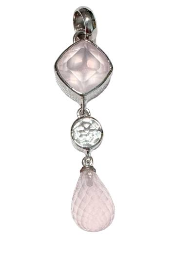 Rosenquarz Topas Designer Edelstein Ketten Anhänger 925er Platin beschichtet