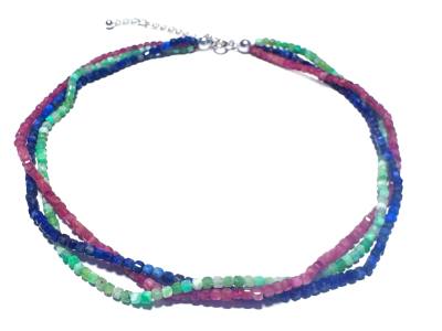 Turmalin rosé Rubellit Chrysopras grün Lapislazili blau Edelstein Collier Mehrstrang Kette Echtsilber