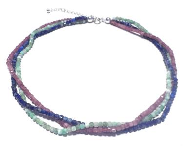 Turmalin rosé Rubellit Chrysopras grün Lapislazili blau Edelstein Collier Mehrstrang Kette Echtsilber