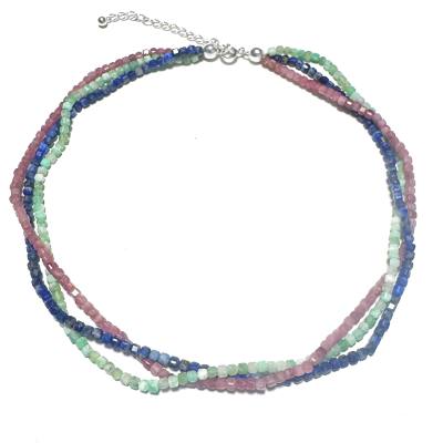 Turmalin rosé Rubellit Chrysopras grün Lapislazili blau Edelstein Collier Mehrstrang Kette Echtsilber