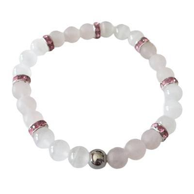 Rosenquarz rosa Selenit weiß Strass Edelstein Stretch Armband Längen Wahl