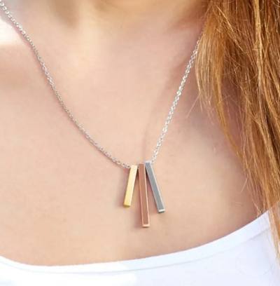 Tricolor Edelstahl Kette mit Stäbchen Anhänger in roségold gold und silber