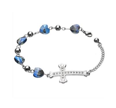 Edelstahl Armband Kreuz Kristall Herzen blau größenverstellbar