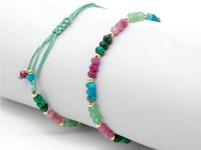 Edelsteinmix Armband facettierte Rondelle grün rosa blau flexibel Band geknüpft