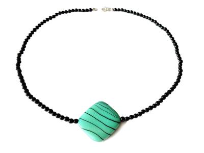 Onyx schwarz Edelsteinkette mit Glaswachsperle mint türkis Längenwahl