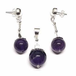 Amethyst 925er Silber Set Kugel Ohrhänger Ohrringe & Kettenanhänger