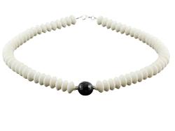Koralle weiß Button Kette Halskette mit Onyx Perle 45 cm