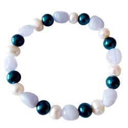 KREBS: Sternzeichen Armband Stretch Chalcedon blau Perle weiß Perlmutt petrol