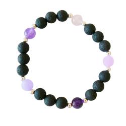 Lava Kugel Armband mit Edelsteinen schwarz pink Ametrin, Amethyst, Rosenquarz u.a.