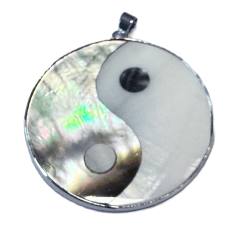Perlmutt Yin Yang Anhänger groß versilbert rund 5 cm