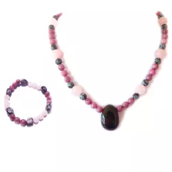 Rhodonit Rosenquarz rot Obsidian grau Edelstein Schmuck Set Kette & Armband