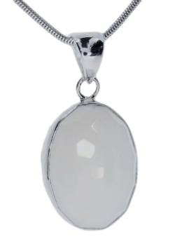 Schneequarz Milchquarz facettiert oval Ketten Anhänger Cabochon Echtsilberfasssung