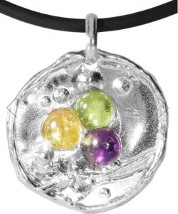 Amethyst Citrin und Peridot auf Plakette aus rhodiniertem Silber Design Anhänger Unikat