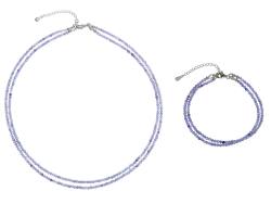 Tansanit blau zweireihig Edelstein Schmuck Set Halskette & Armband 925er Echtsilber rhodoniert