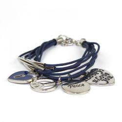 Mehrstrang Textil Armband blau größenverstellbar mit Charms Peace Love Schloß u.a.