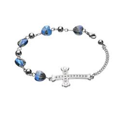 Edelstahl Armband Kreuz Kristall Herzen blau größenverstellbar